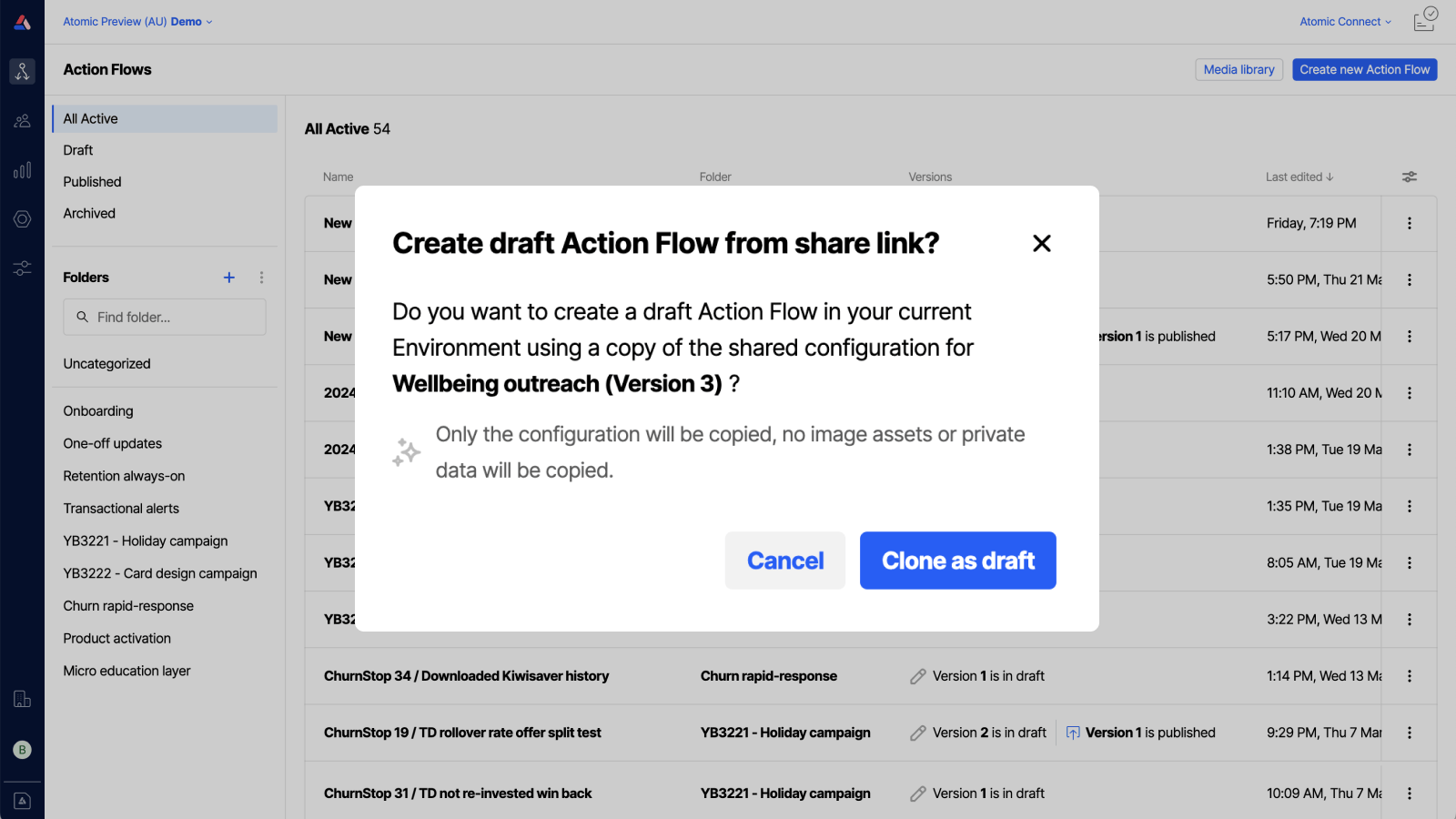 Workbench view of Action Flow list with focus on the create new flow button