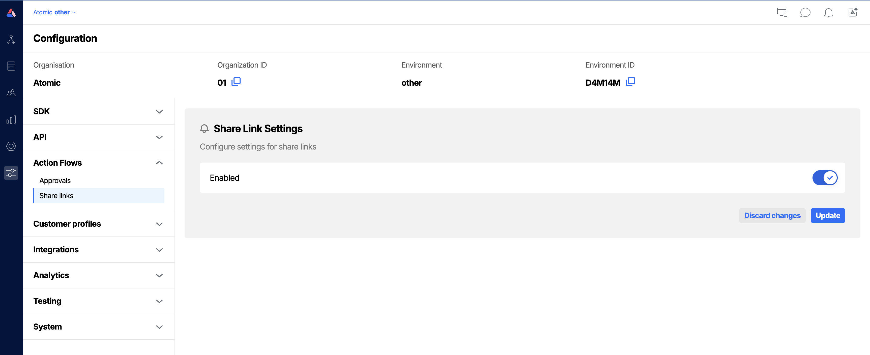 Workbench view of share-link settings