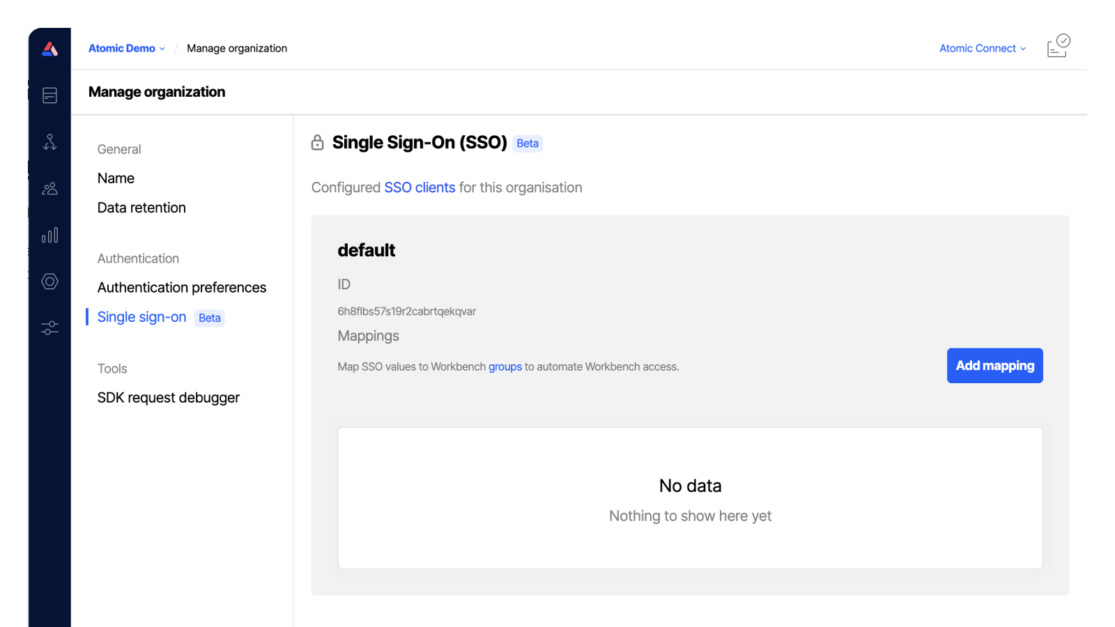 Workbench view of single sign-on preferences section of the Organization's settings