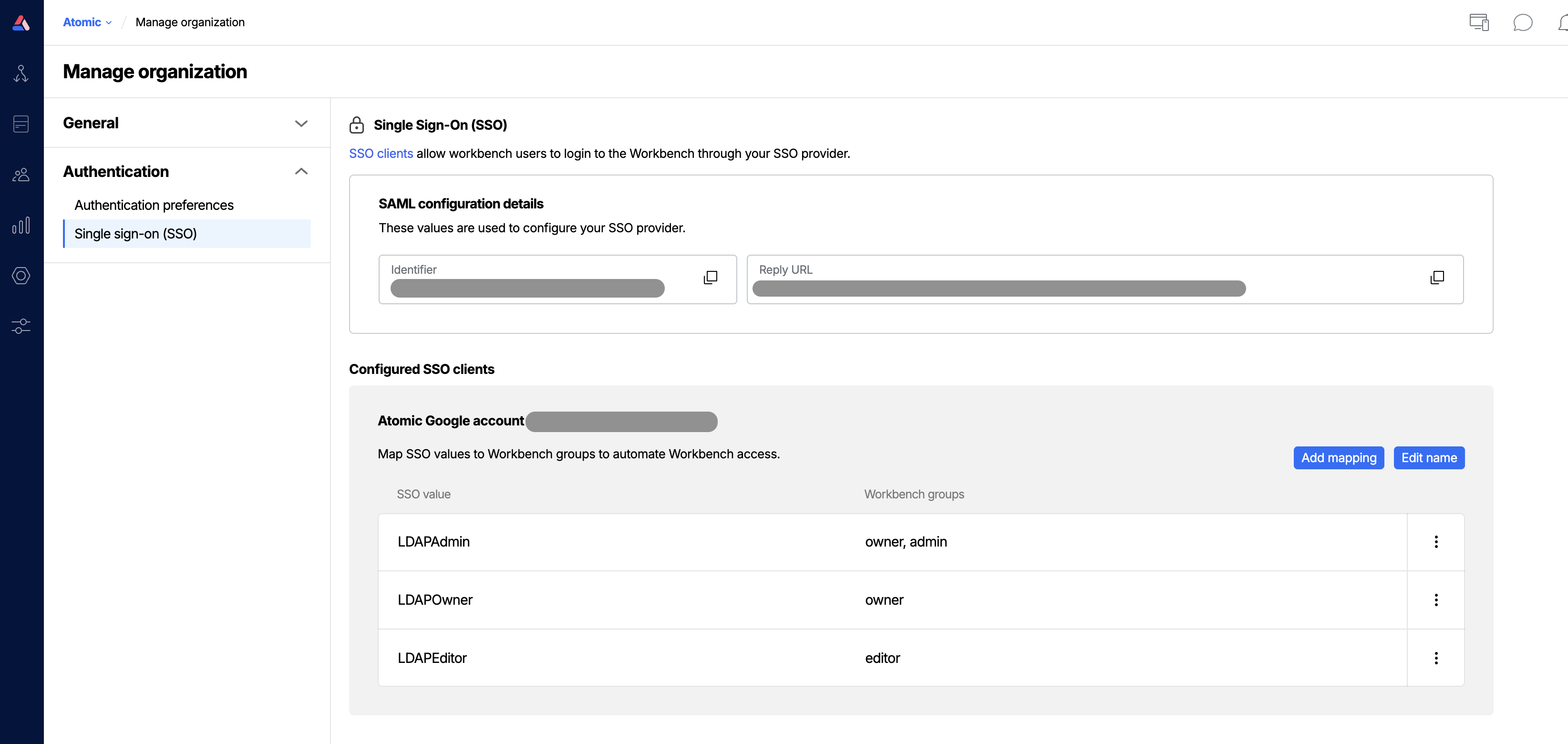Workbench view of single sign-on preferences section of the Organization's settings