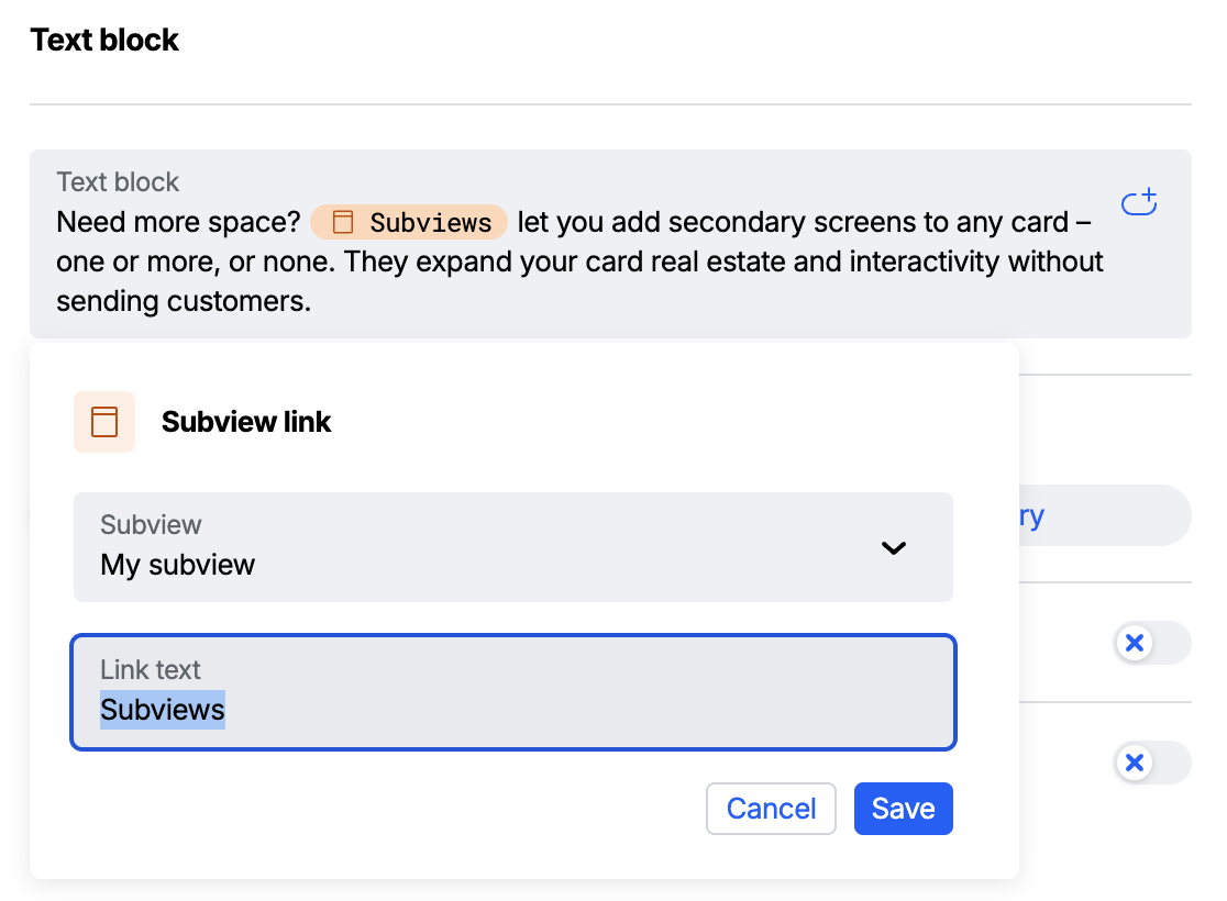The context picker open in a text element, showing the Subviews section at the bottom listing the card's subviews
