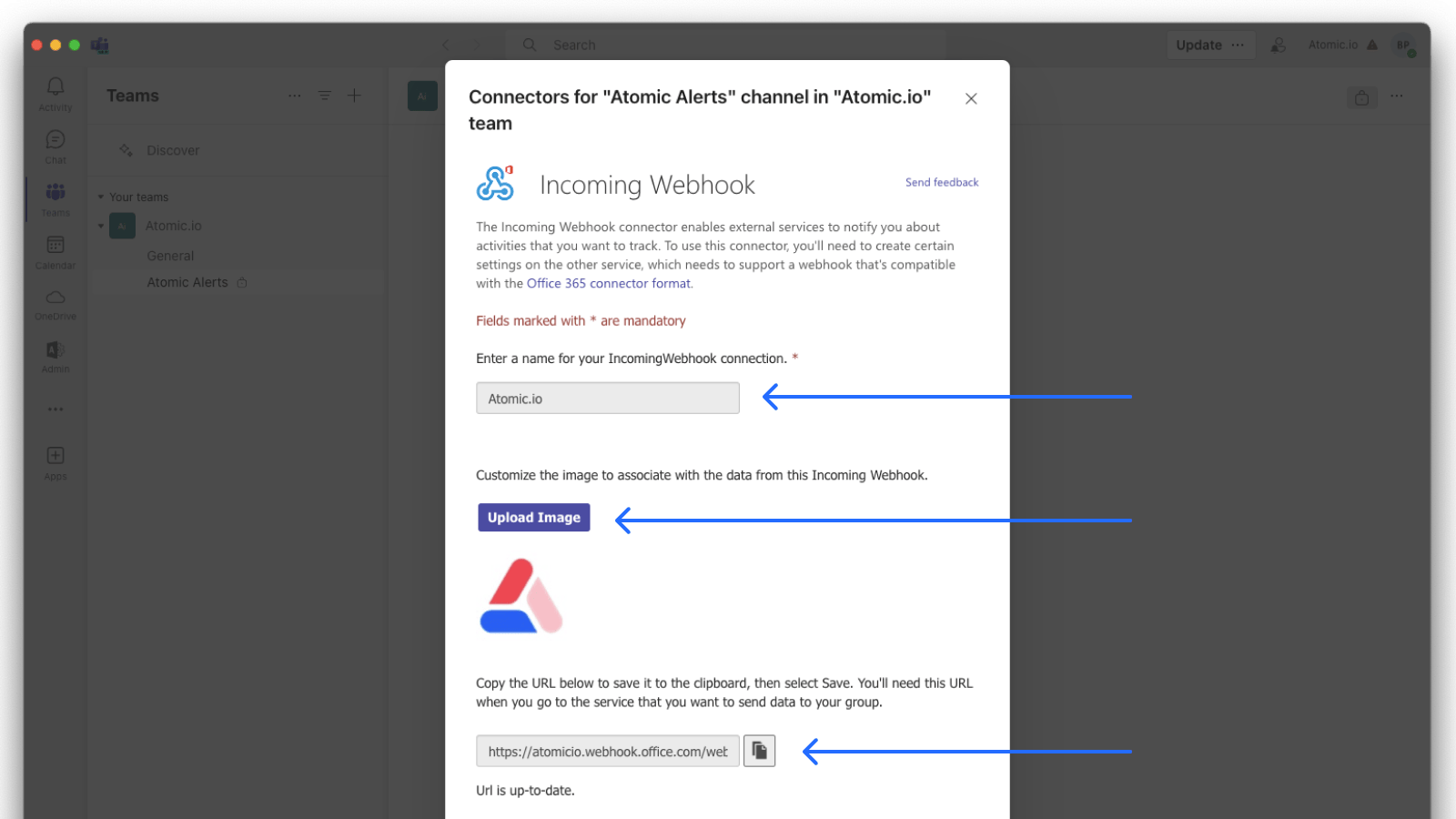 Screenshot of configuring the webhook in Teams