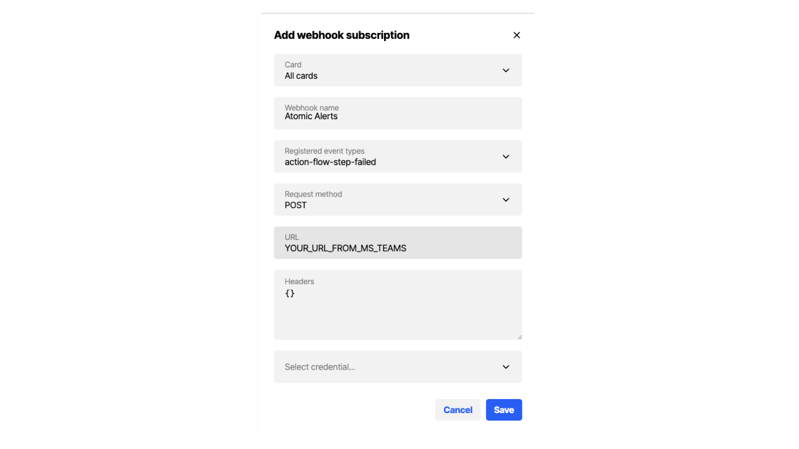 Screenshot of configuring the webhook subscription in Atomic