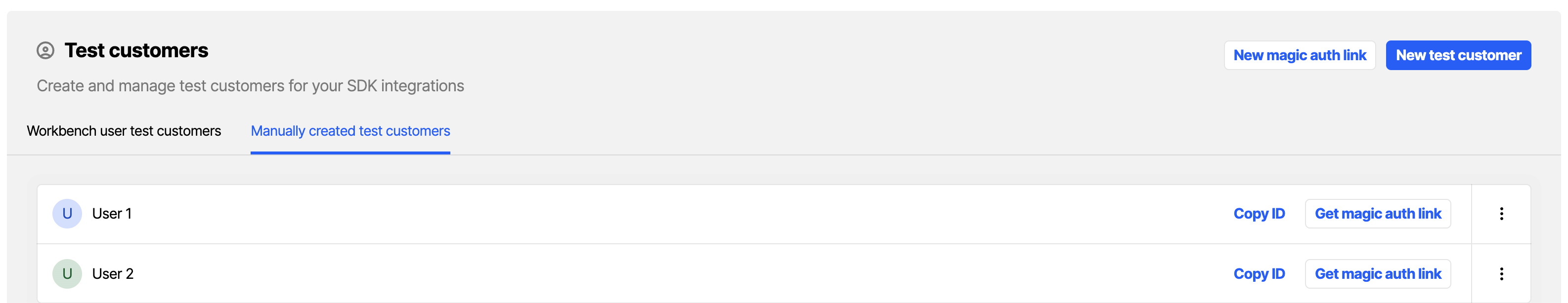 Workbench view of test customers