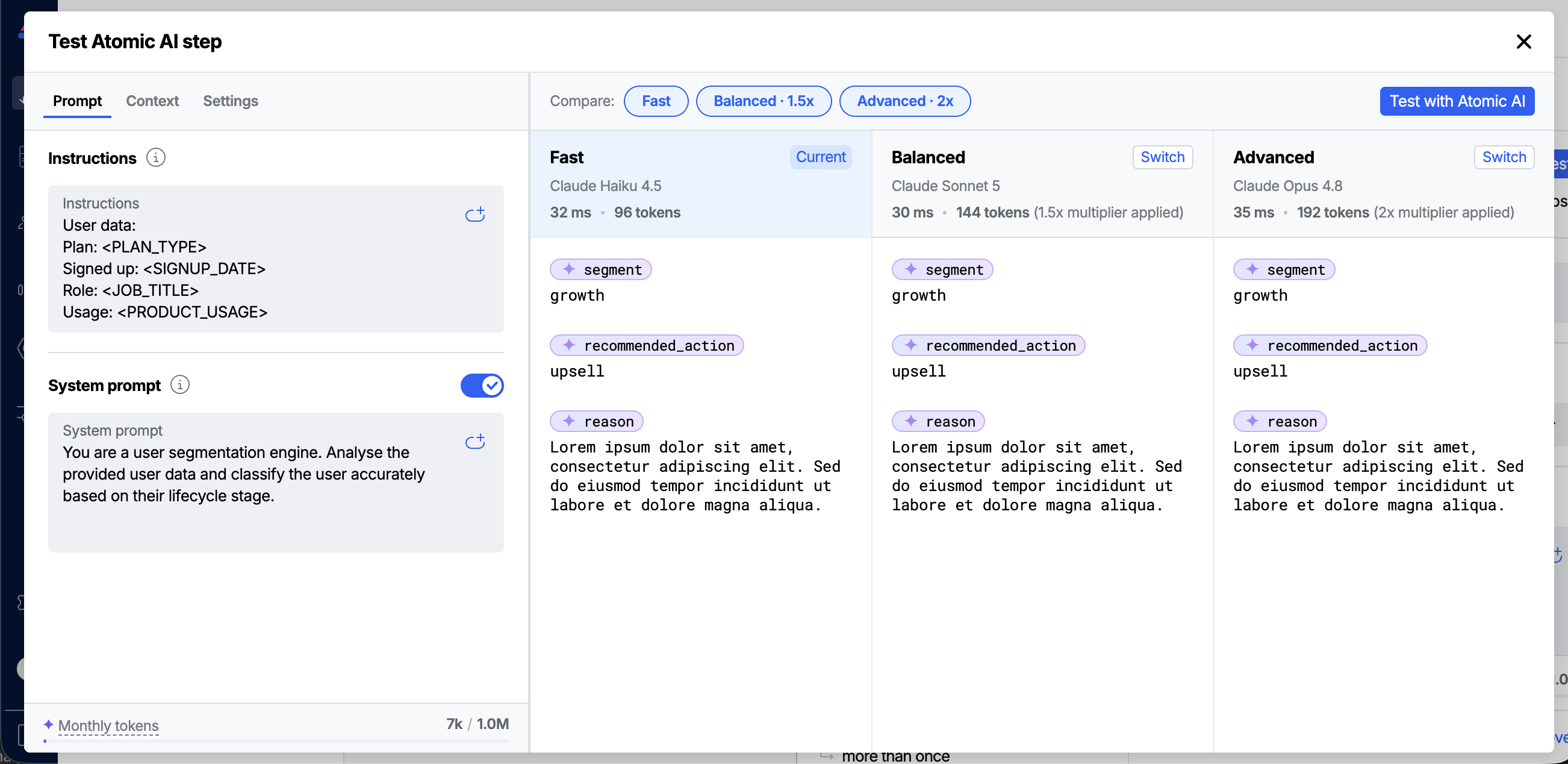 The Test Atomic AI modal showing the results of three capabilities
