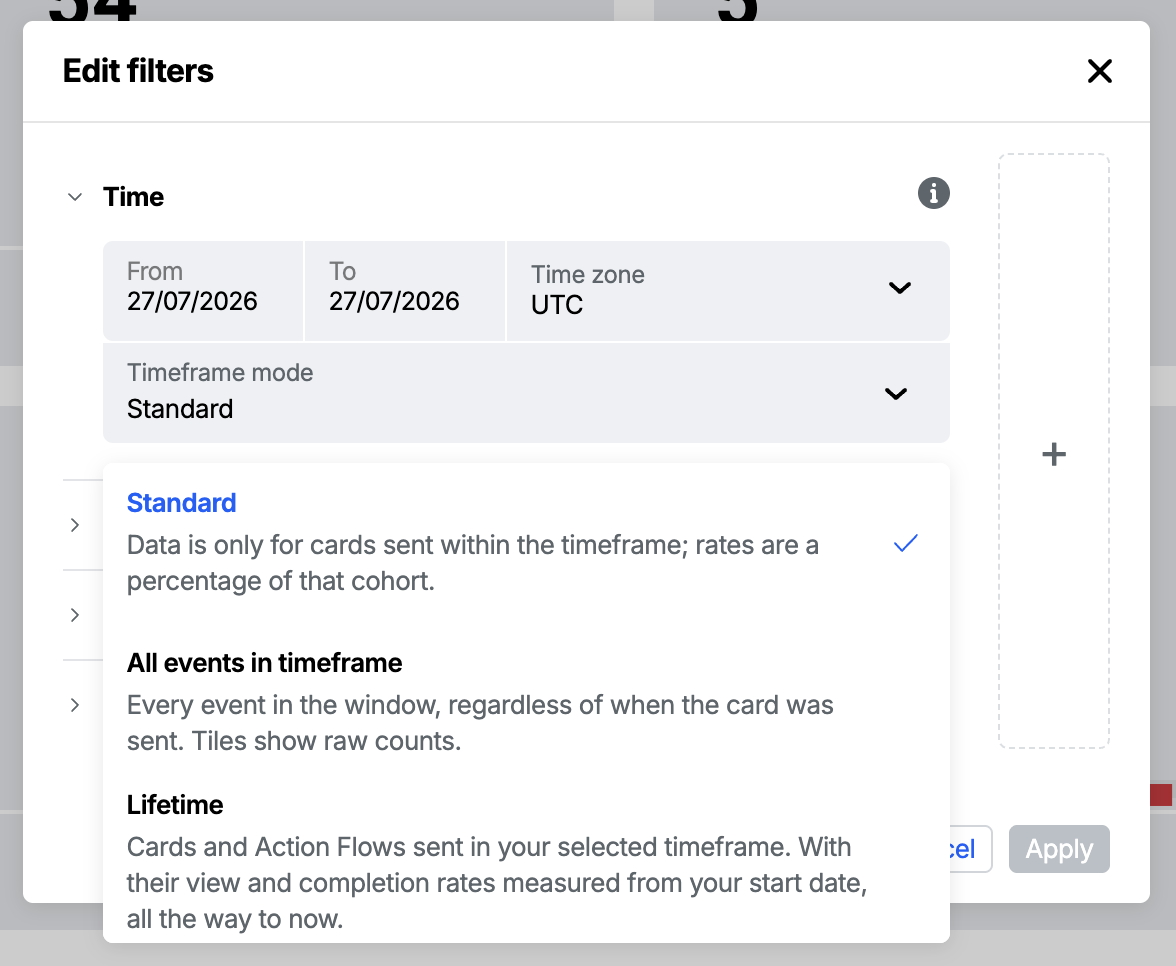 The Time section of the Edit filters modal with the Timeframe mode dropdown expanded, showing its three options: Standard, All events in timeframe, and Lifetime. Each mode has a short description, above them the From and To date pickers and the time zone selector