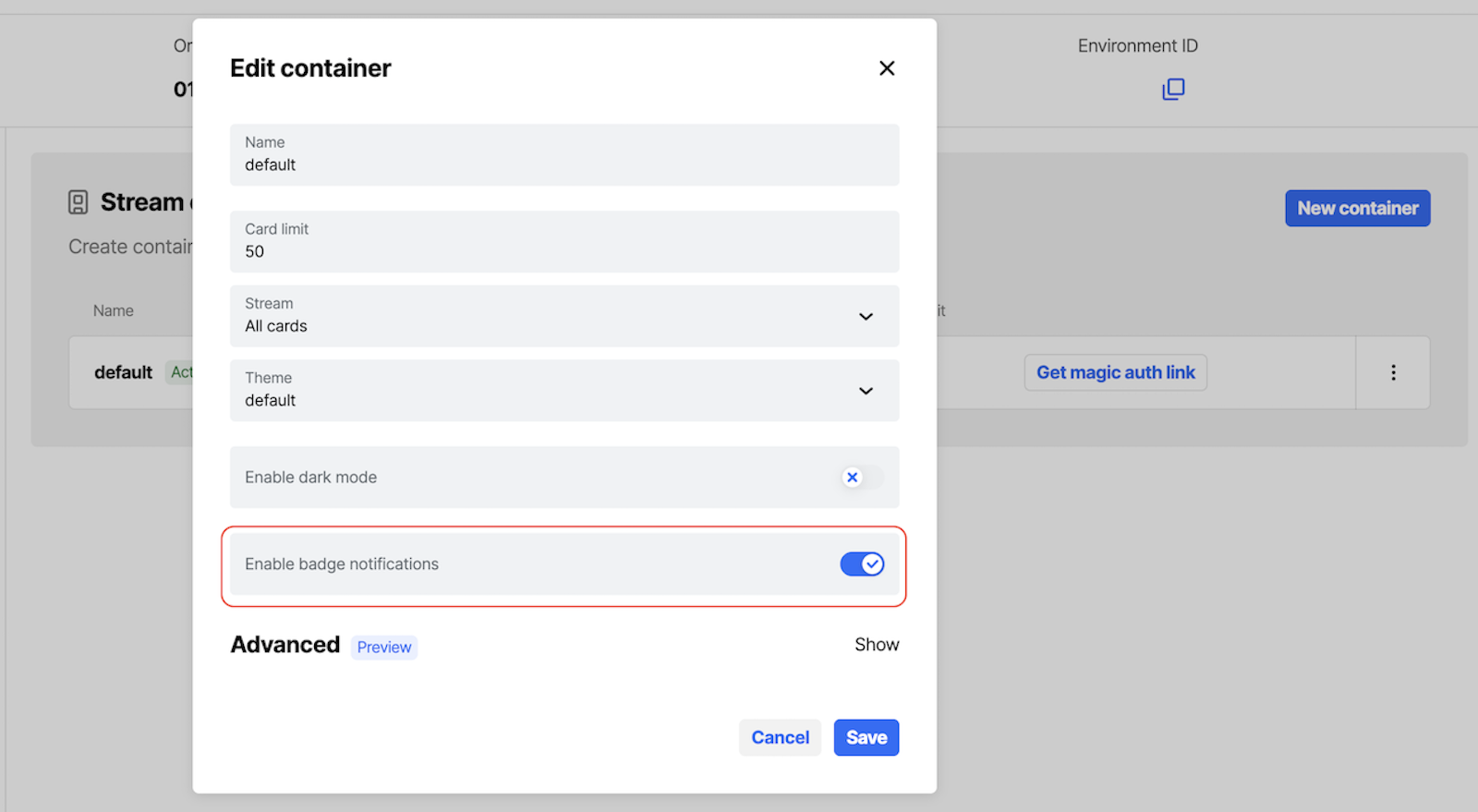 Workbench view of the option toggling background notifications at container level