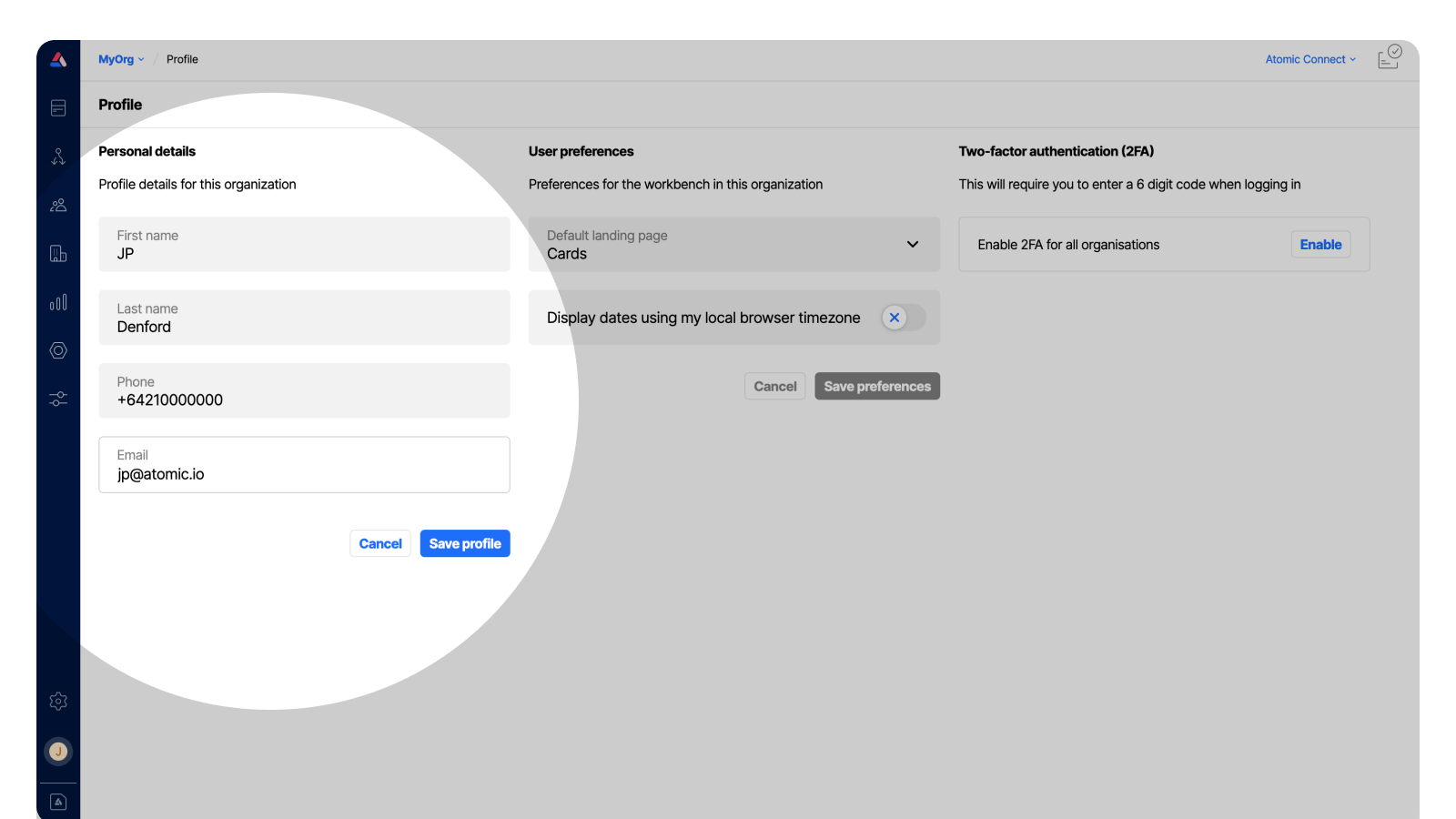 Screenshot of the workbench profile settings area