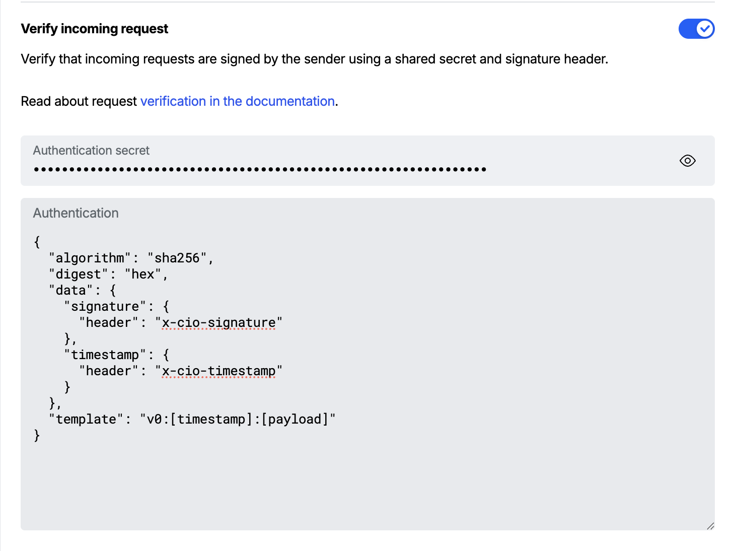 The Atomic Webhook trigger's Verify incoming request panel, enabled, with the Customer.io signing key stored as the authentication secret and the authentication JSON configuration entered below it.