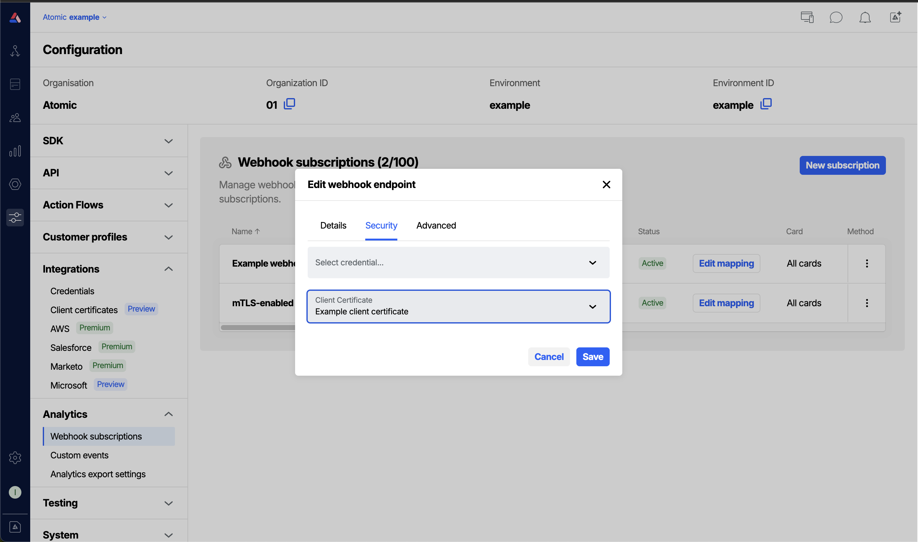 Client certificate selector in the webhook subscription form