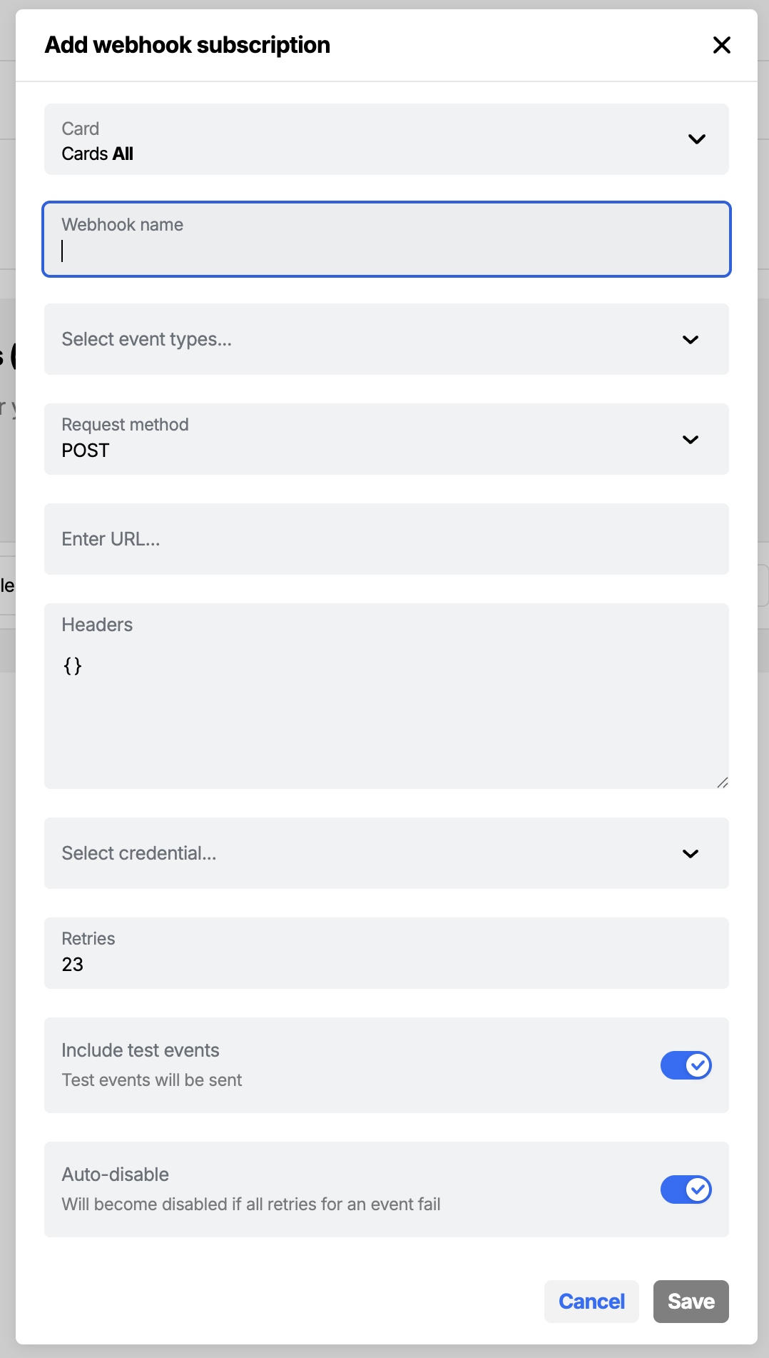 Workbench view of webhook subscriptions