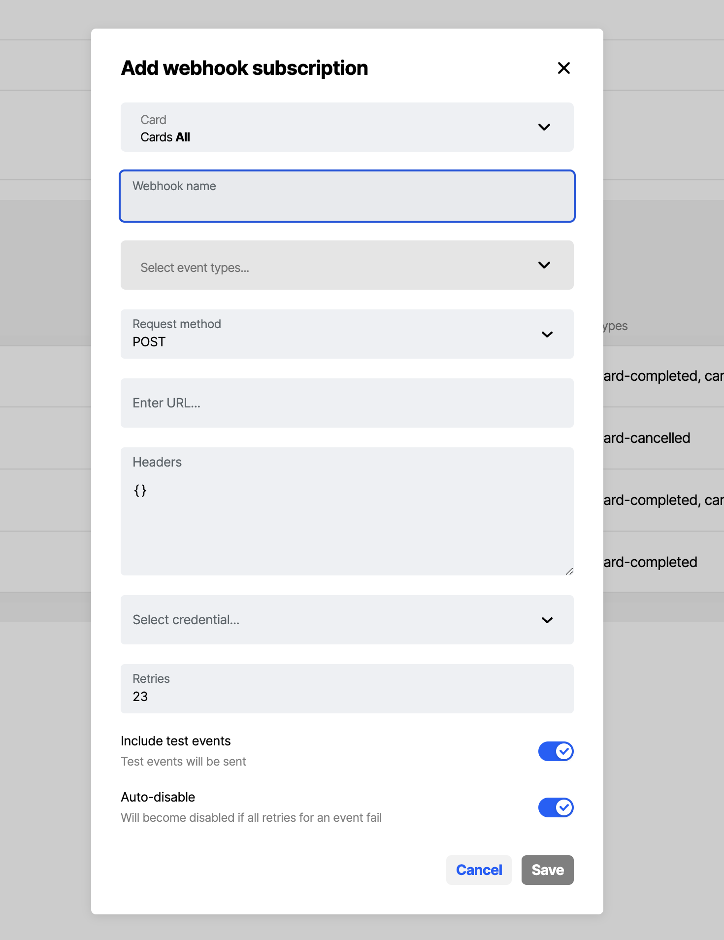 Workbench view of webhook subscriptions