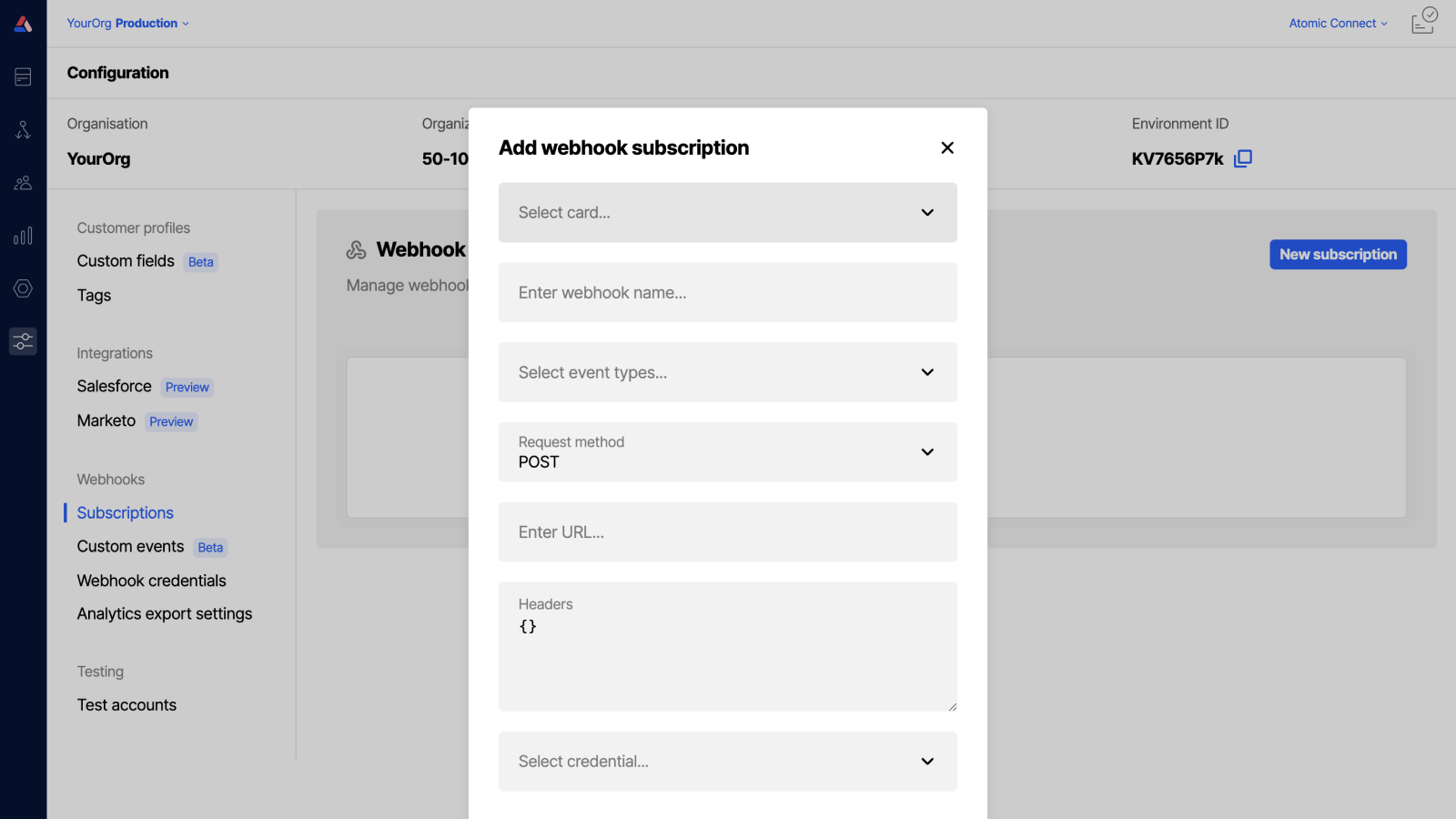 Workbench view of webhook subscriptions