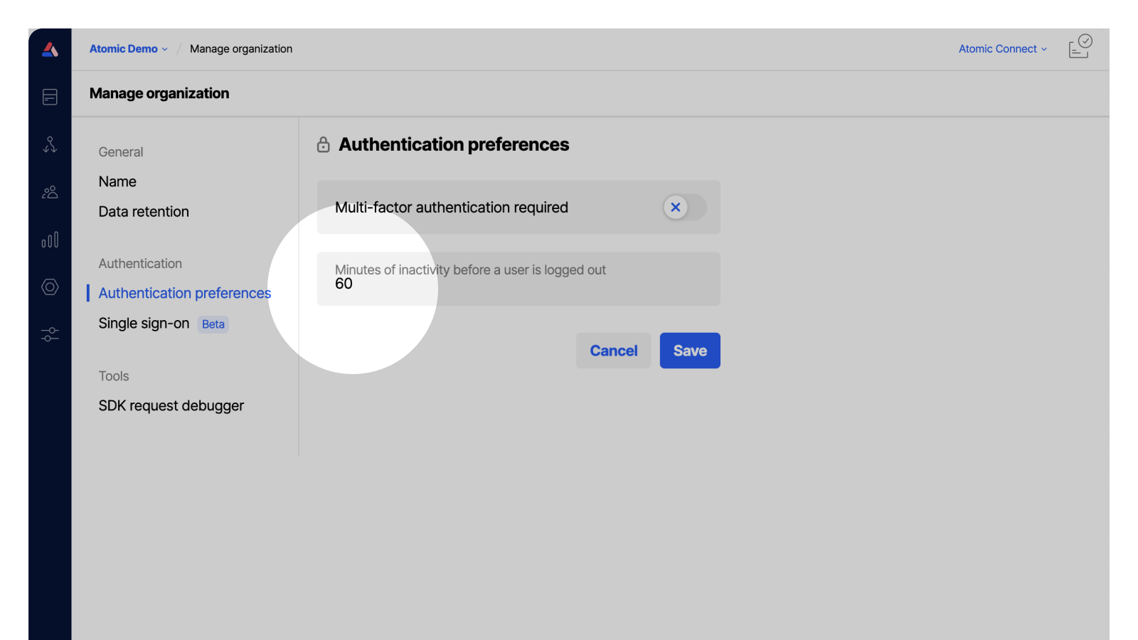 Workbench view of authentication preferences section of the Organization settings