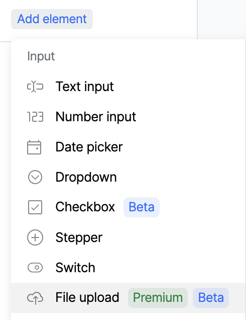 An image showing the selection of the File Upload element when adding to a card