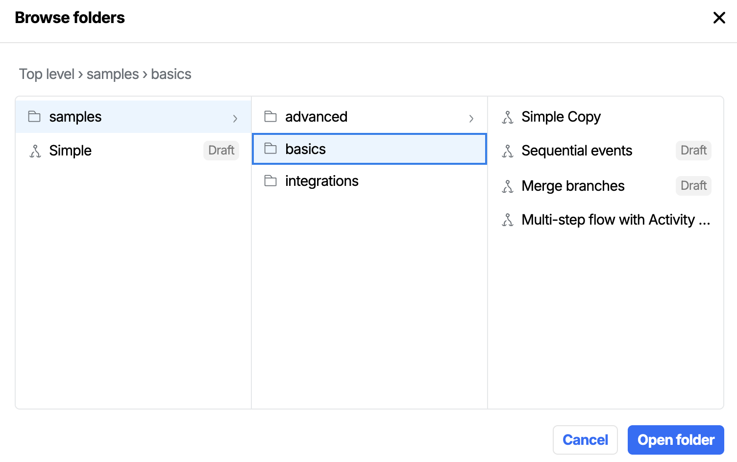 The Browse folders column picker open with three columns showing top-level folders, sub-folders of a selected folder, and the Action Flows inside the selected sub-folder listed inline