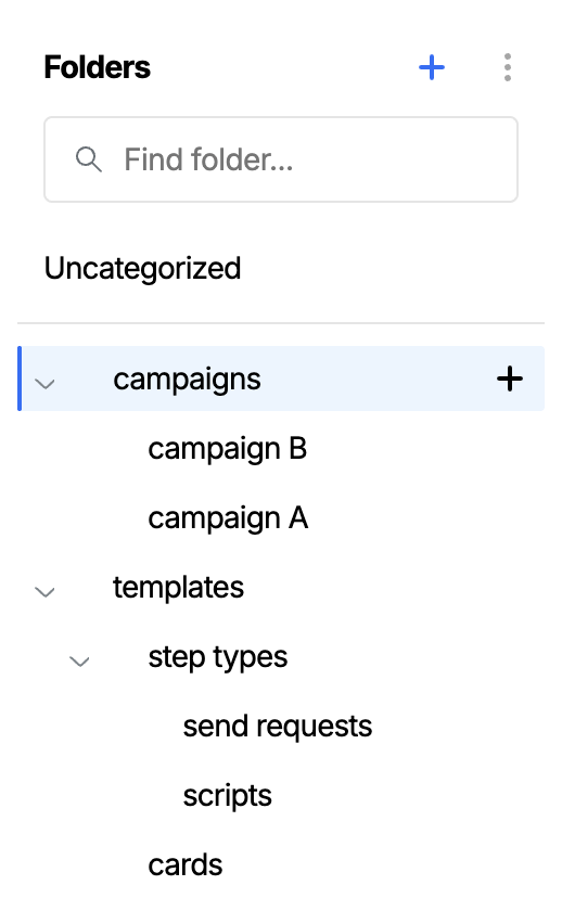 The Action Flow dashboard showing a folder panel on the left with a nested folder tree