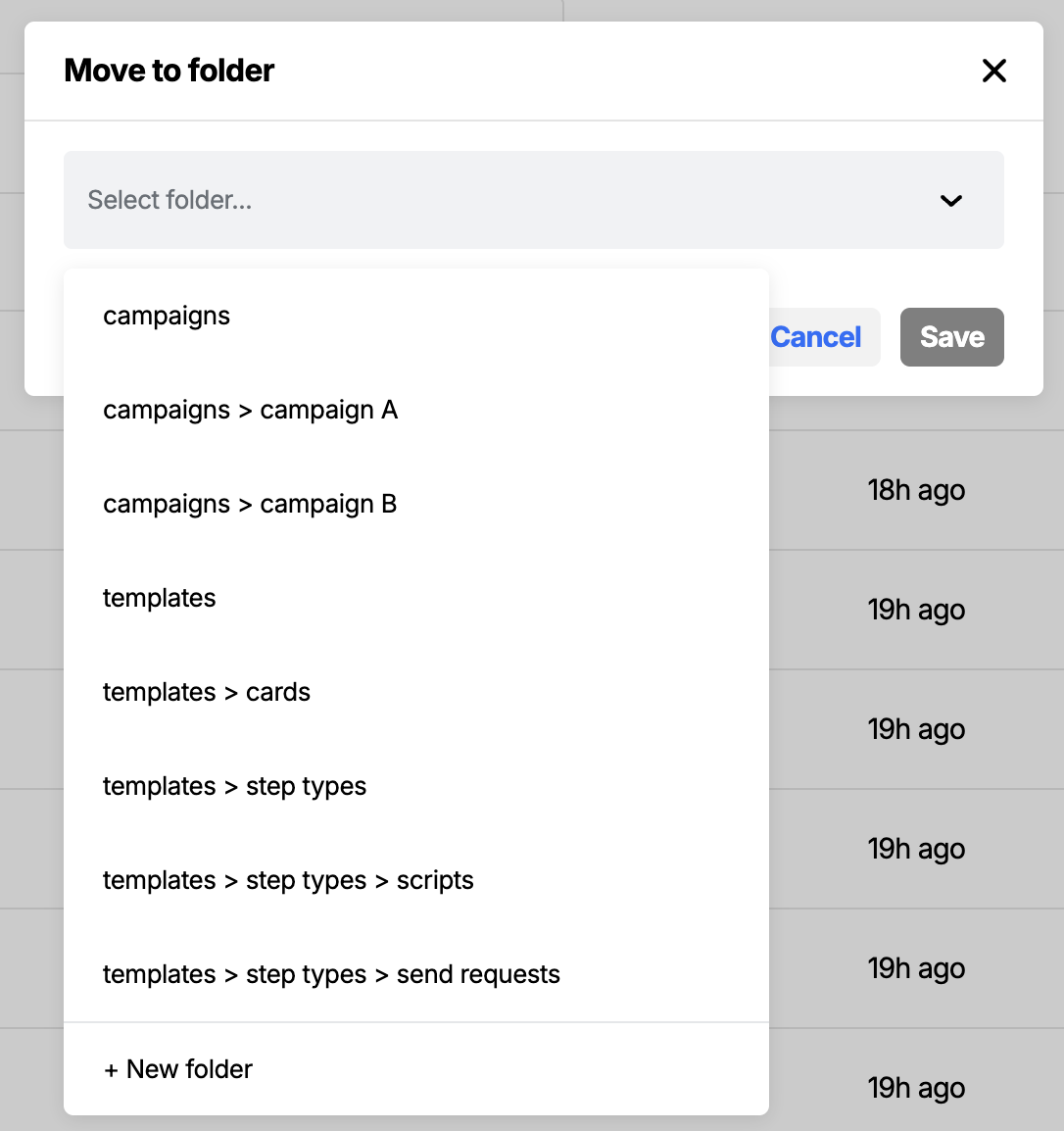 The Move to folder modal with a dropdown showing available folders including nested ones with breadcrumb paths
